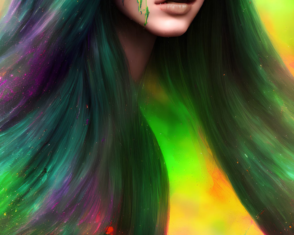 Vivid multicolored hair woman in vibrant background with blue eyes