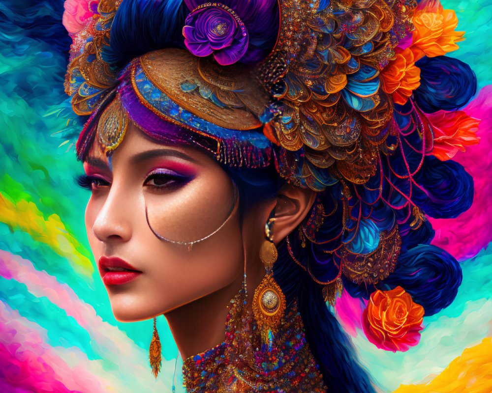 Colorful portrait of a woman with elaborate headdress and abstract background