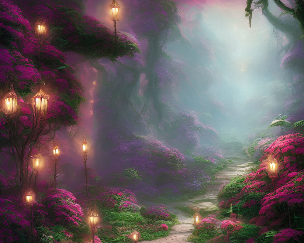 Enchanting cobblestone pathway with lanterns, pink bushes, and ancient trees under twilight sky