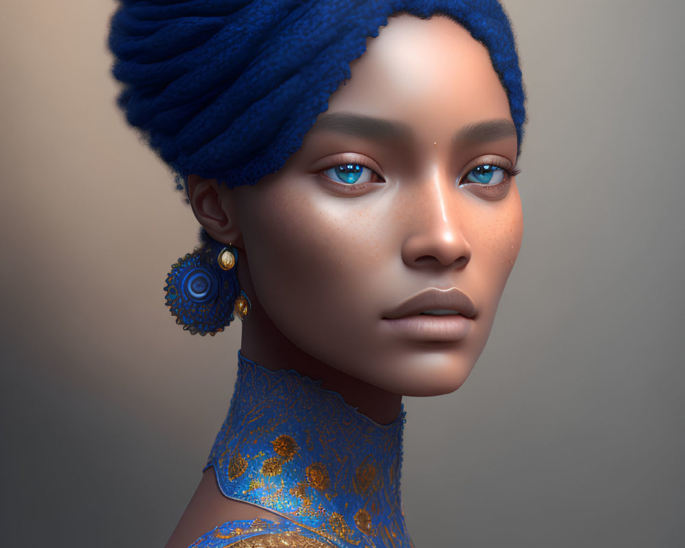 Detailed digital portrait of a woman with blue headwrap and intricate earrings