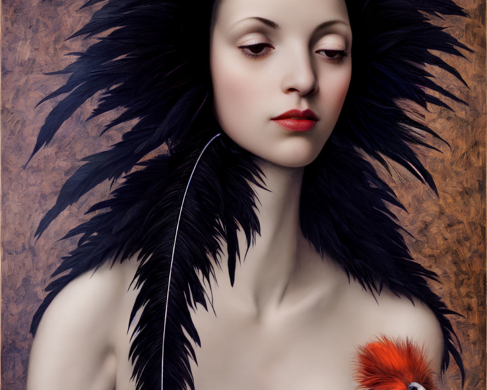 Pale-skinned person with red lips and dark feathered headwear alongside small bird with orange plumage