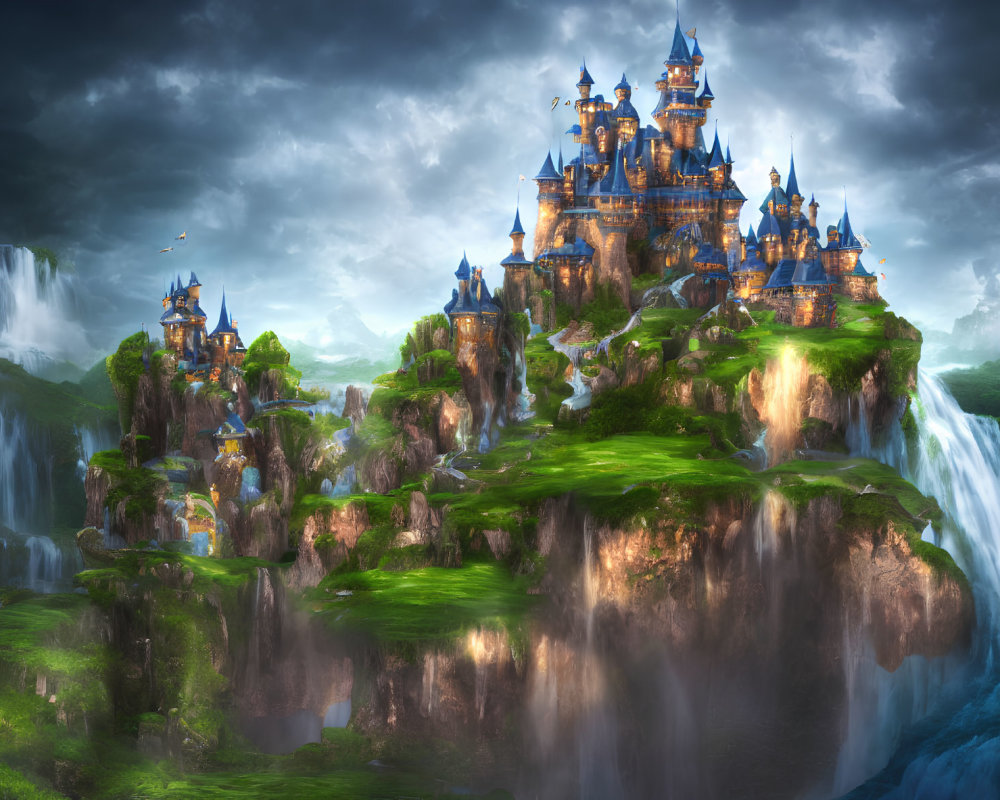 Majestic fairy tale castle on lush cliff with waterfalls under dramatic sky