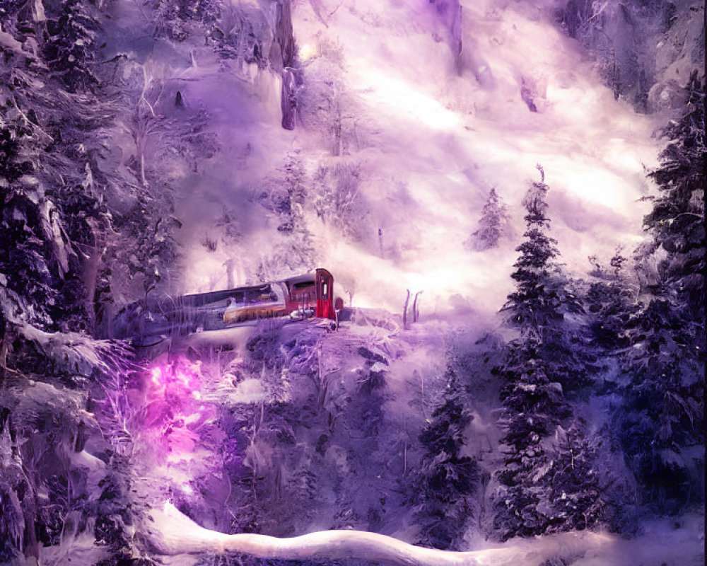 Snowy Landscape with Purple Aurora, Red Train, and Cabin