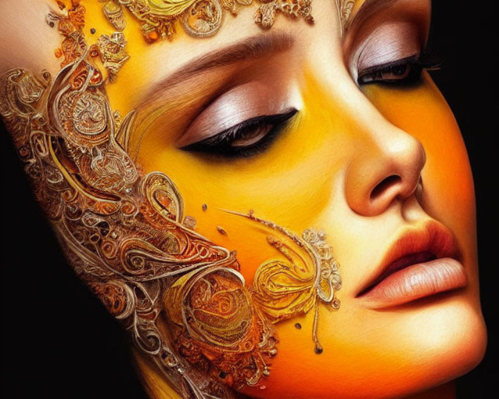 Luxurious digital artwork of a woman with ornate gold patterns