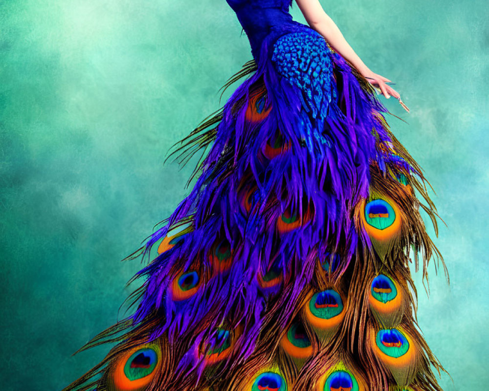 Colorful Peacock-Themed Costume on Teal Background