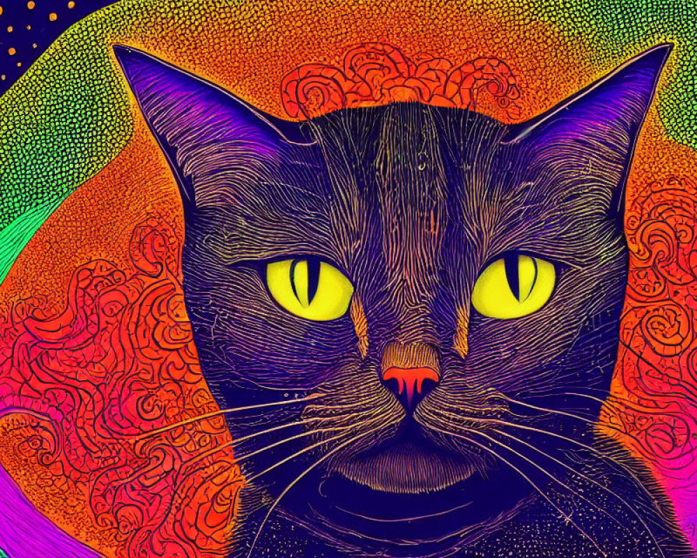 Colorful Psychedelic Black Cat Illustration with Yellow Eyes