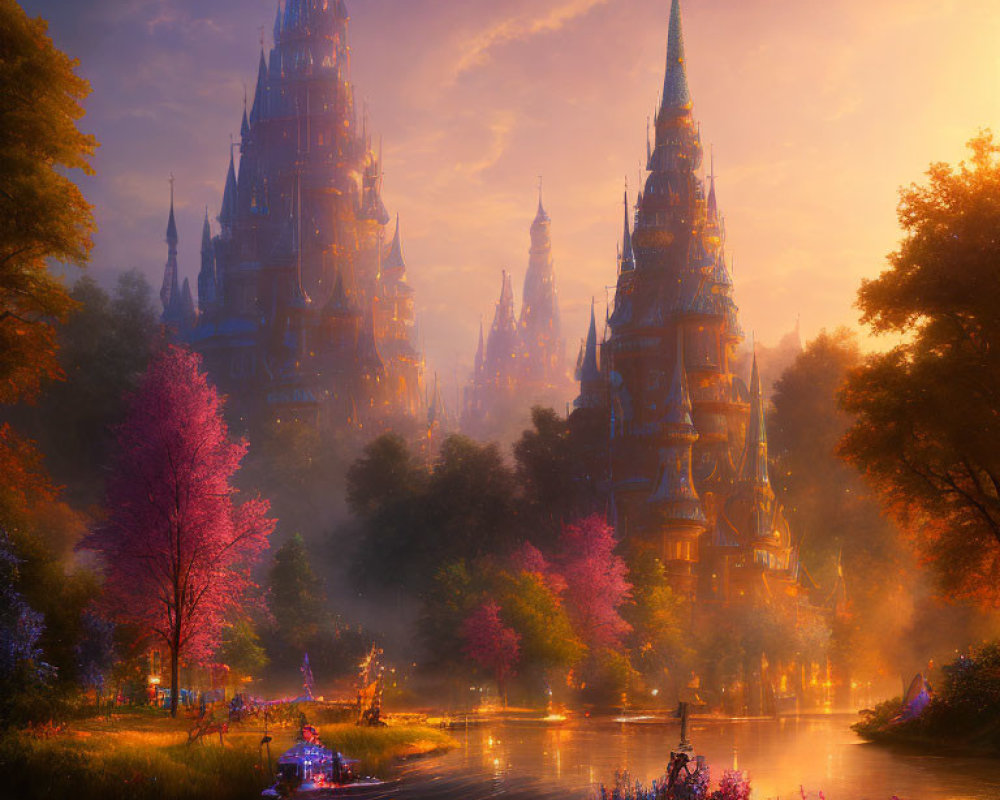 Sunlit Gothic spires in autumnal landscape with serene river