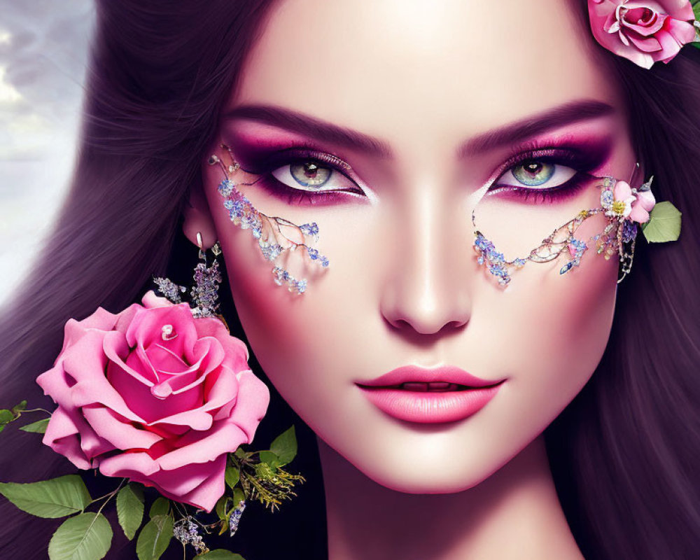 Illustrated female face with vibrant makeup and floral designs on soft purple background