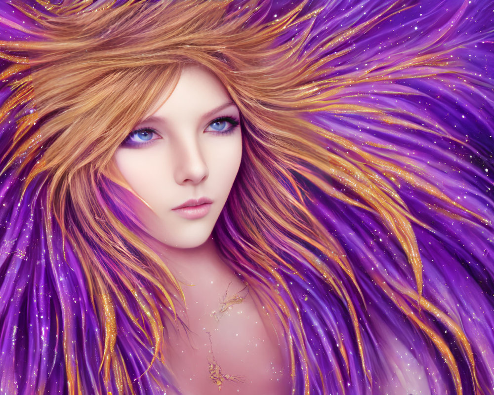 Digital Artwork: Woman with Galaxy-Inspired Purple Hair