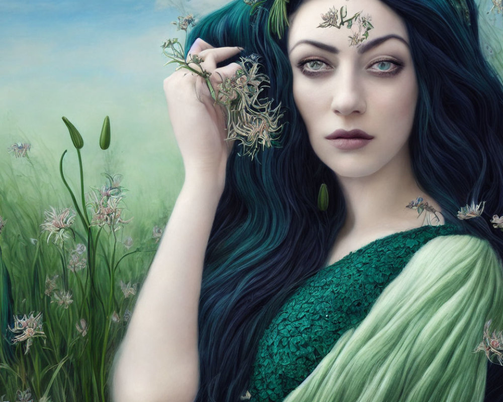 Illustrated woman with dark blue hair and greenery against tranquil meadow.