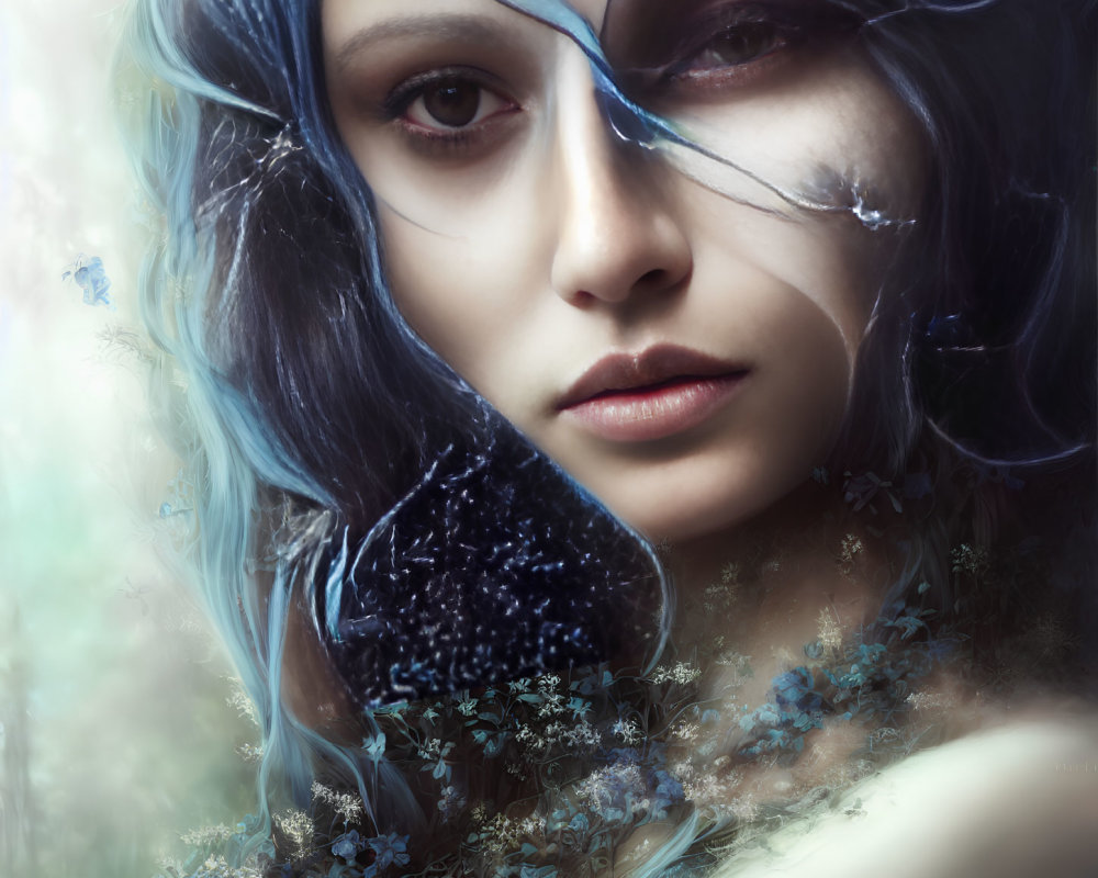 Portrait of a person with blue hair, pale skin, dark eyes, frost-like patterns, and tiny