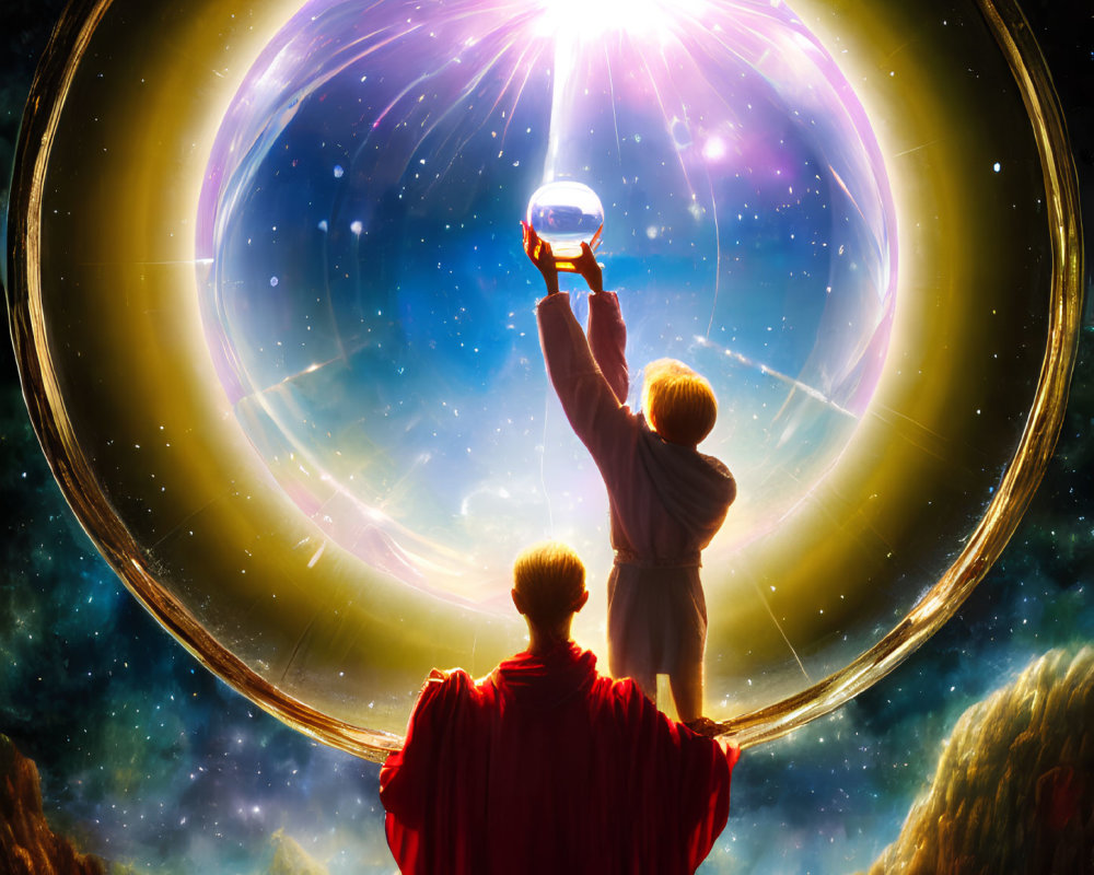 Person in Red Cloak Raising Crystal Ball to Cosmic Portal