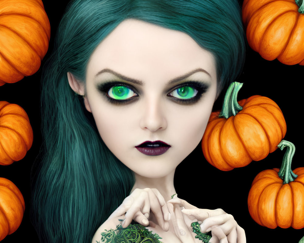 Fantastical image: Green-haired figure with orange flower crown and pumpkins on black background