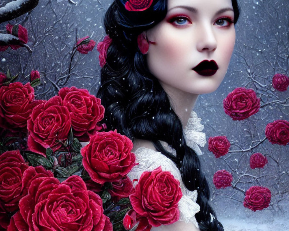 Surreal portrait of woman with pale skin, dark hair, red lips, vibrant roses, snowy