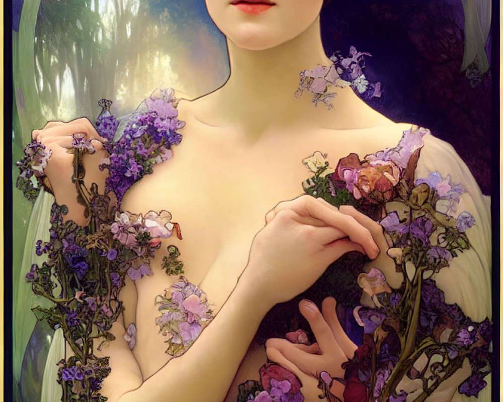 Fantasy illustration of female figure in mystical forest with flowers.