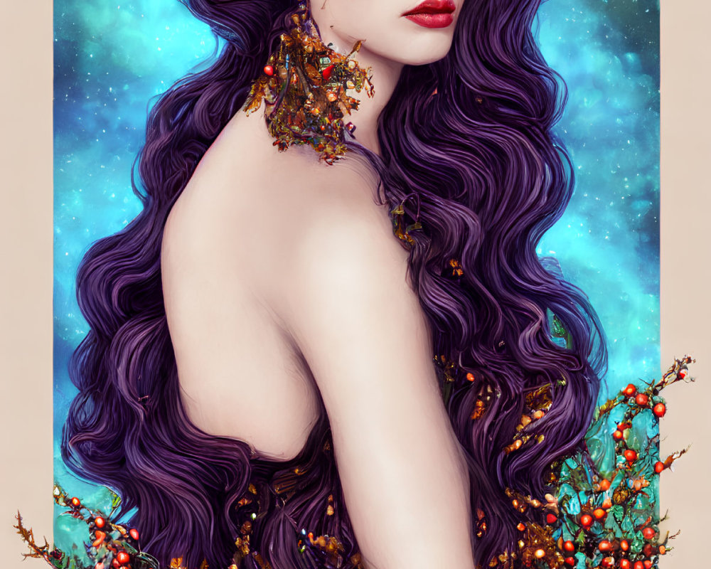 Illustrated woman with purple hair and branch crown on starry backdrop