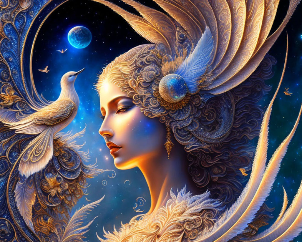 Illustration of woman with gold headdress and bird in cosmic setting