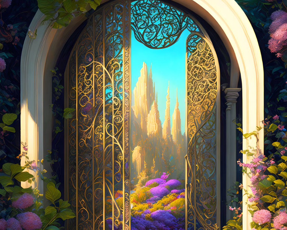 Ornate open gate to magical garden with vibrant flowers and fantasy castle in sunlight