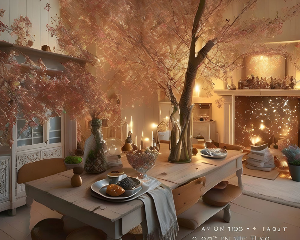 Autumnal-themed cozy dining room with table set for two and soft pink foliage.