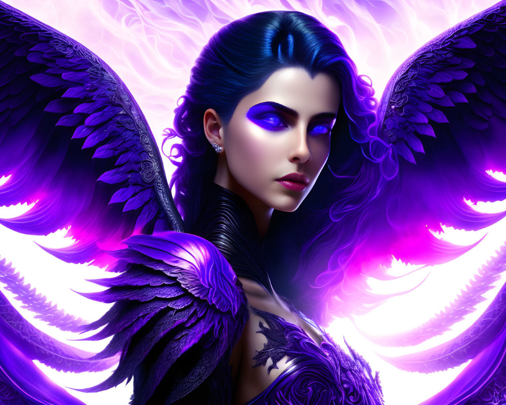 Digital Artwork: Woman with Blue Eyes and Dark Wings in Purple Aura