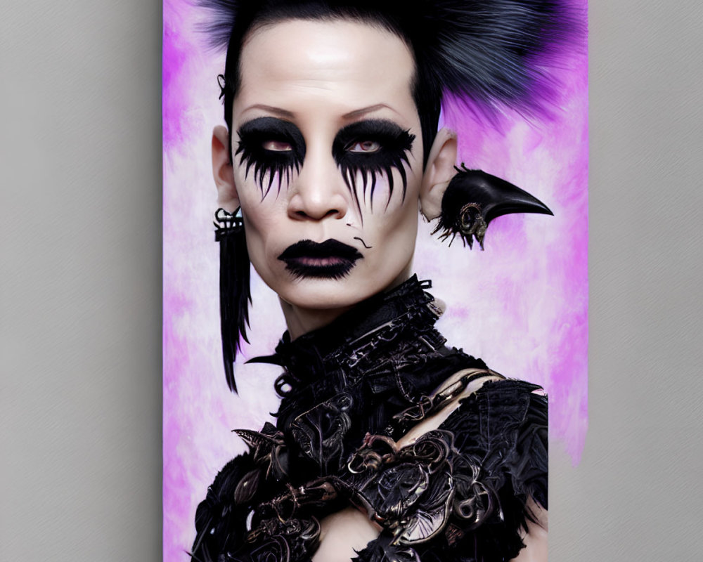 Gothic attire person with black makeup on pink background