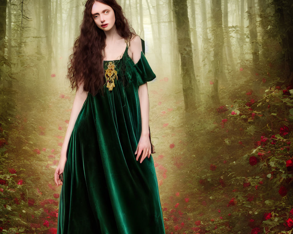 Woman in Green Dress Surrounded by Red Roses in Foggy Forest