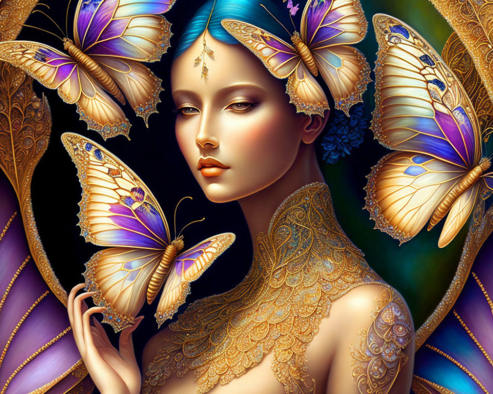 Digital art: Woman with blue skin and golden butterflies, intricate patterns.