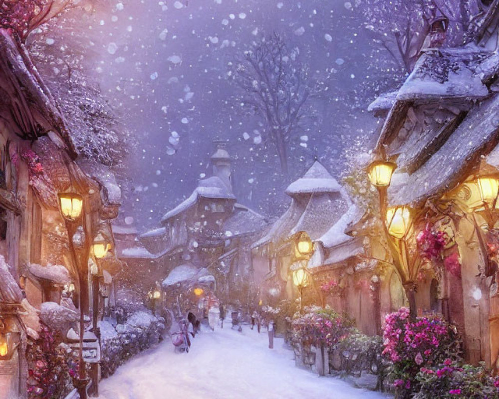 Snowy village at twilight with warmly lit street lamps, falling snow, and colorful flowers.