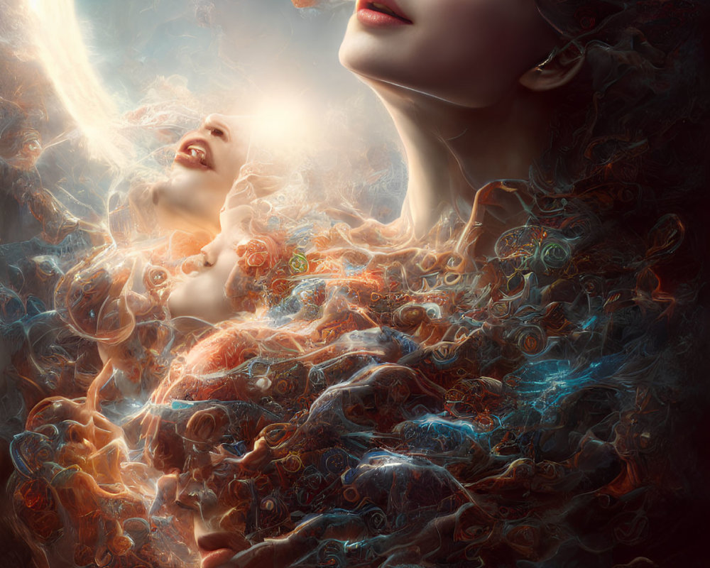 Surreal portrait of women with ethereal qualities and vibrant fractal elements