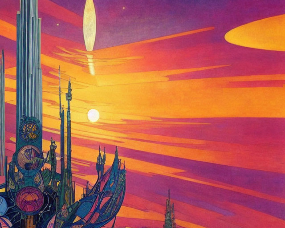 Futuristic science fiction landscape with alien planets and stars in purple and orange sky