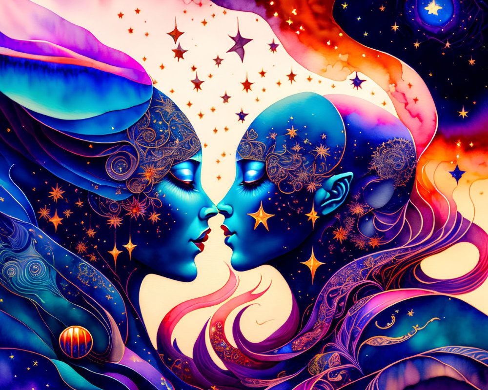 Stylized faces in cosmic embrace with blue and orange hues