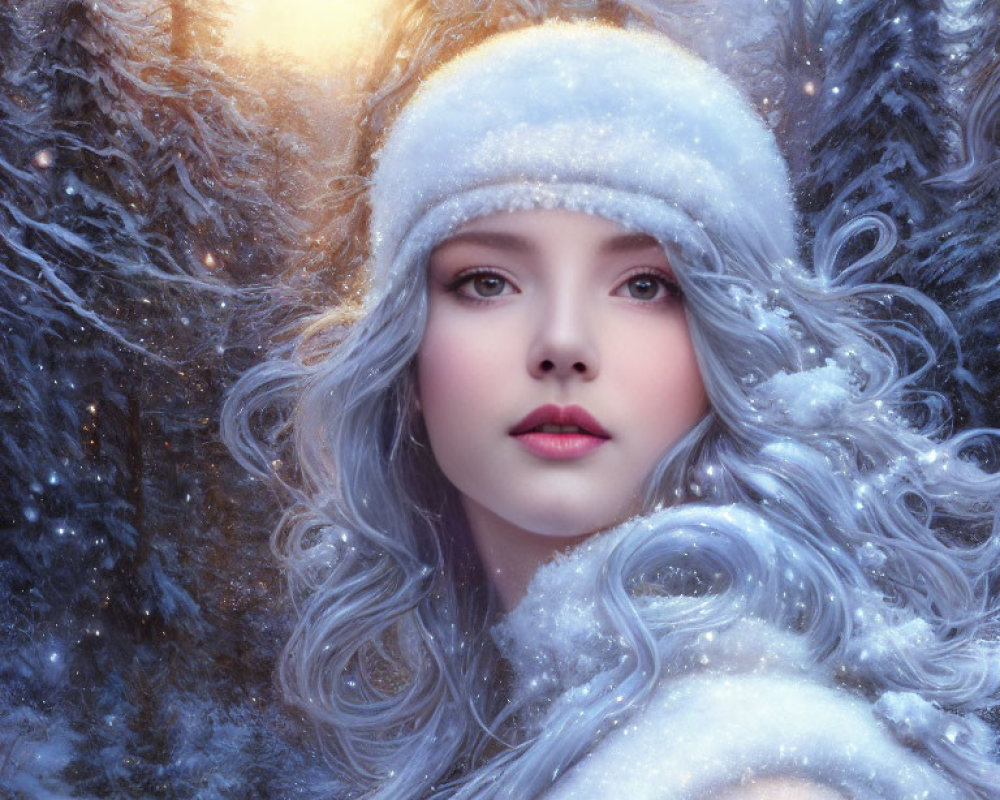 Silver-Haired Woman in White Fur Hat in Snowy Forest