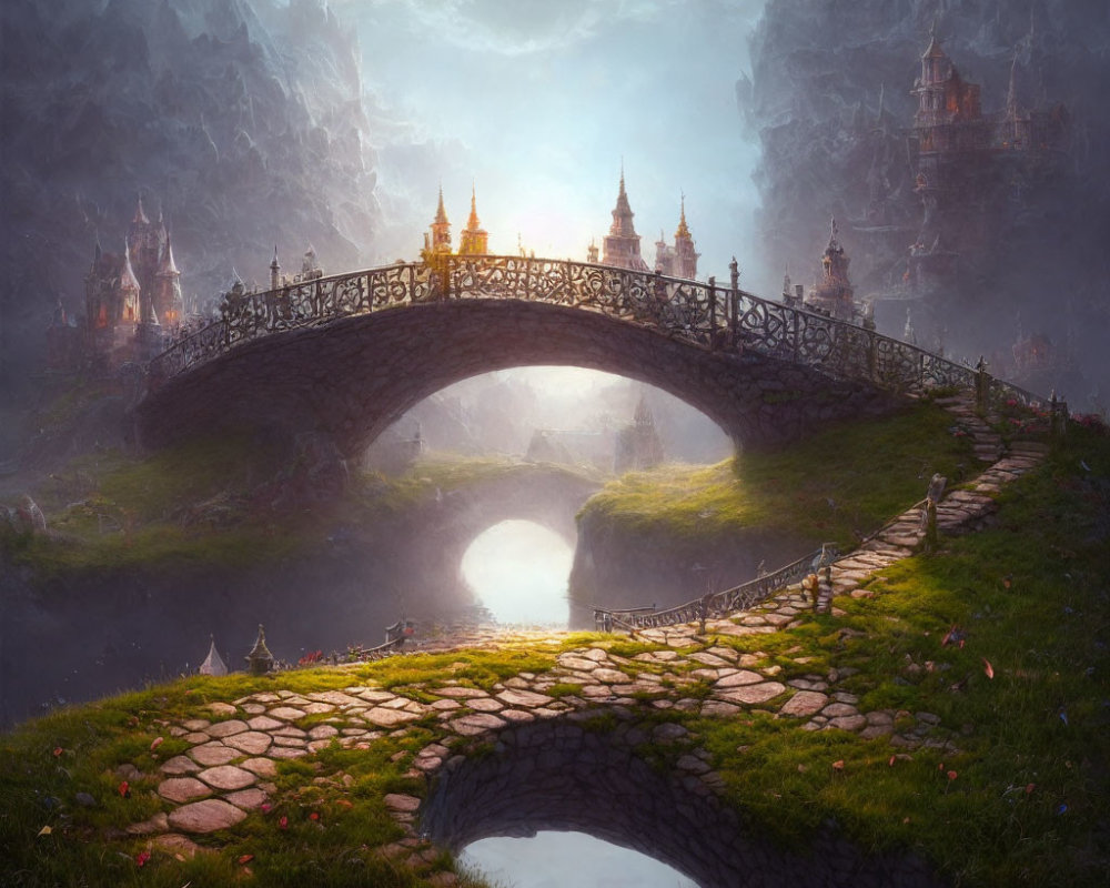 Stone bridge with lanterns over chasm in mystical landscape with castle reflected at sunset