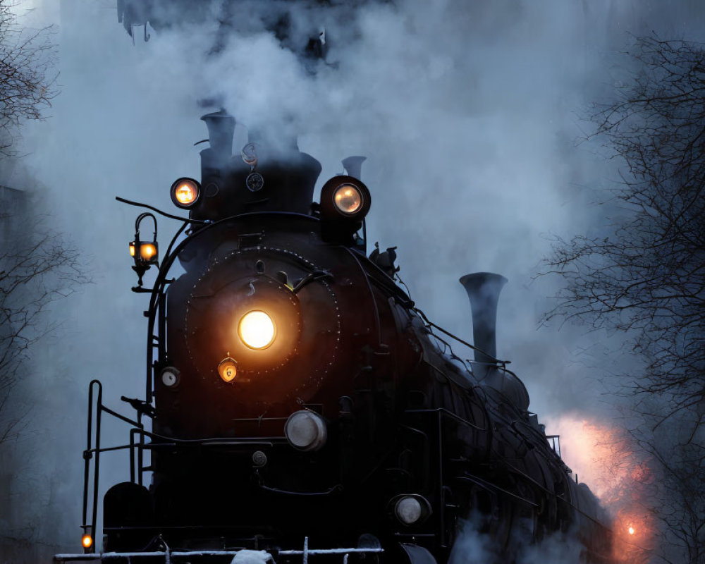 Vintage steam locomotive travels through snowy landscape