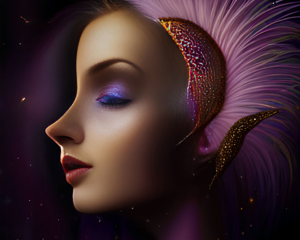 Woman with Vibrant Makeup and Fantasy Bird Headdress on Dark Background