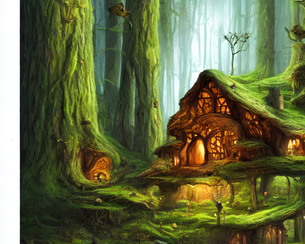 Whimsical enchanted forest scene with glowing treehouse and floating fish