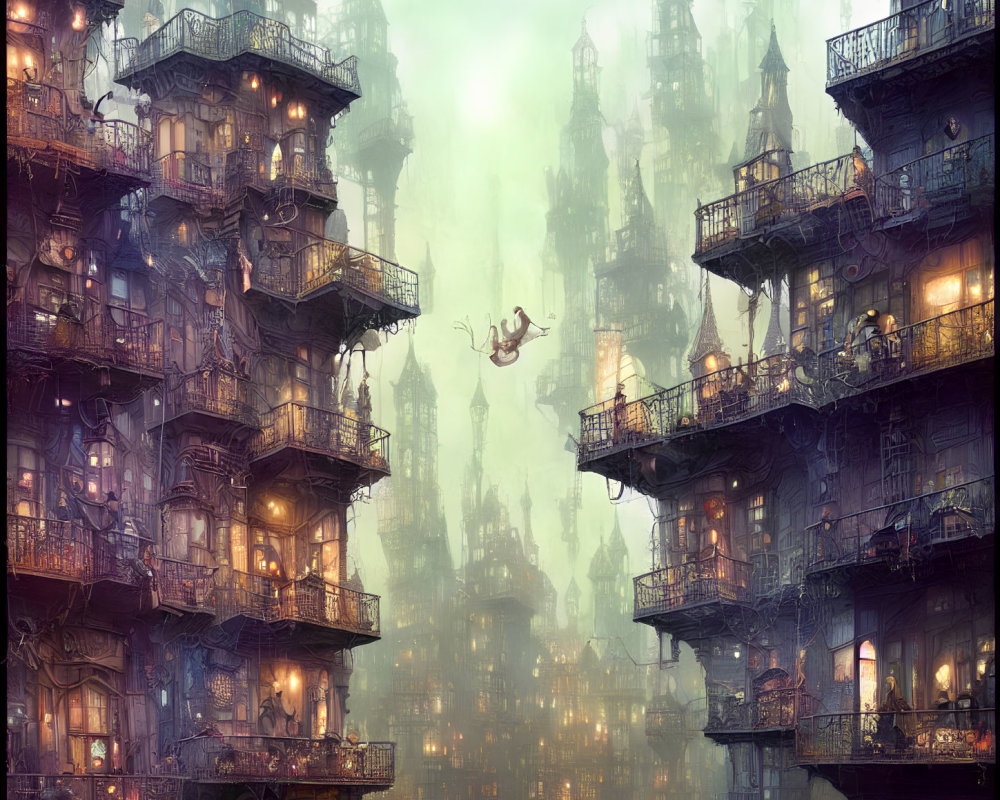 Fantastical cityscape with eclectic, mist-shrouded buildings and leaping figure