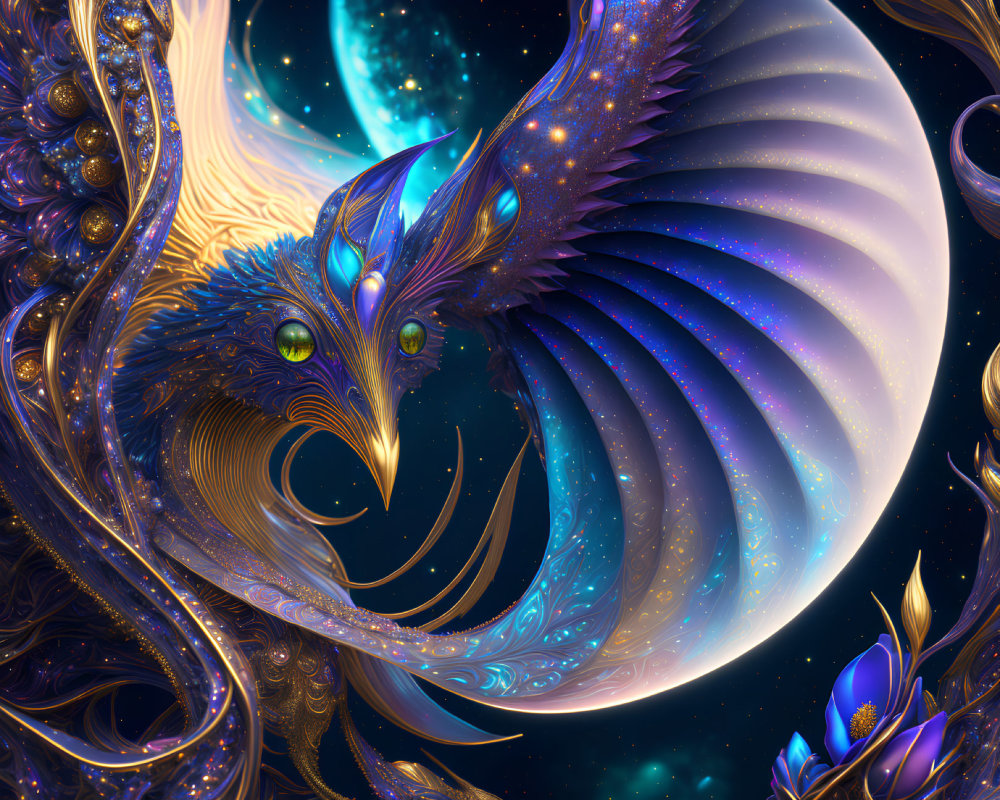 Majestic cosmic phoenix in gold and blue hues against starry space backdrop