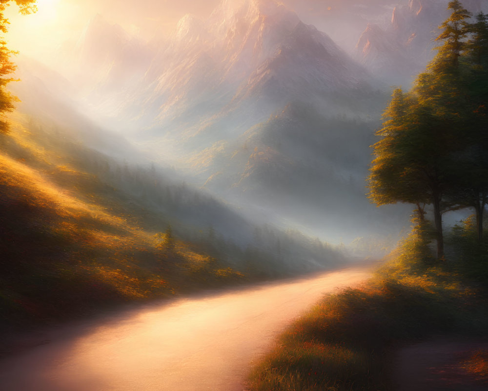 Scenic mountain path at sunrise or sunset with mist and trees.