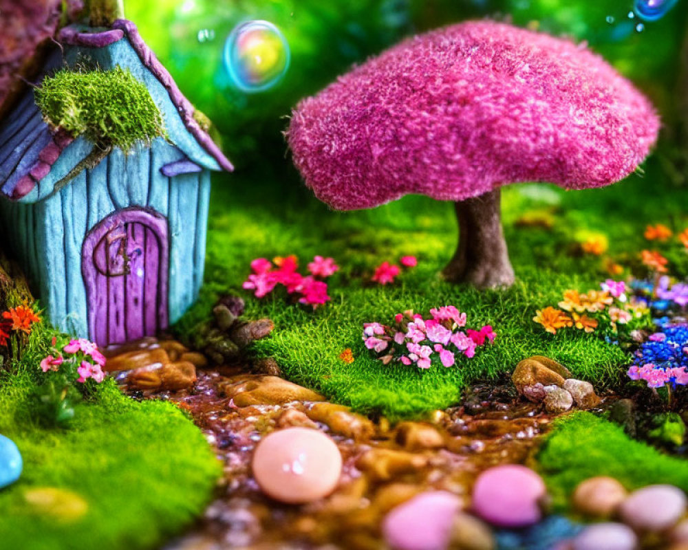 Whimsical fairy garden with pink tree, blue door, colorful flowers