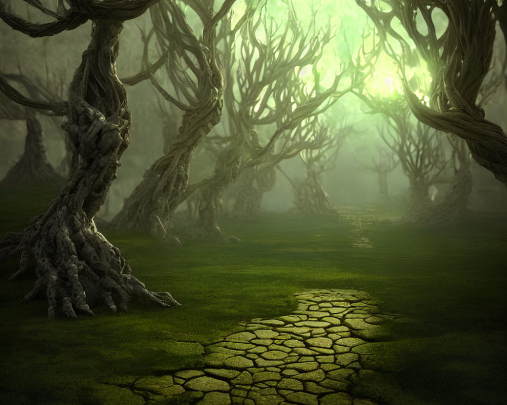 Mystical forest with twisted trees, green light, cracked stone path