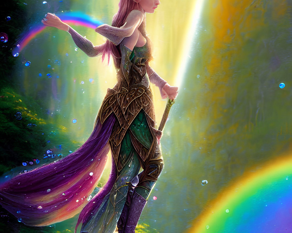 Ethereal elf in green armor by glowing waterfall