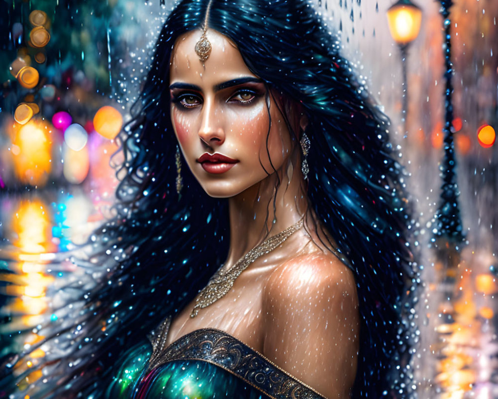 Illustrated woman with long dark hair and blue eyes in jewelry against blurred cityscape with raindrops.