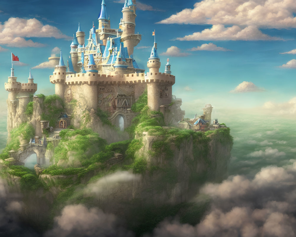 Majestic castle on green cliff under serene sky