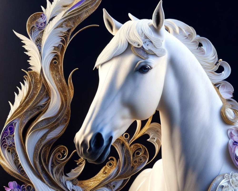 Majestic white horse with gold and purple decorations