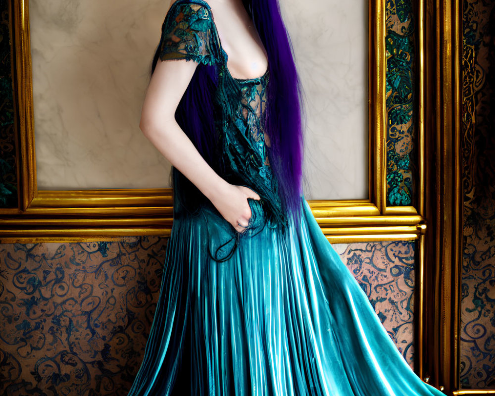 Purple-haired woman in teal dress against ornate golden frames