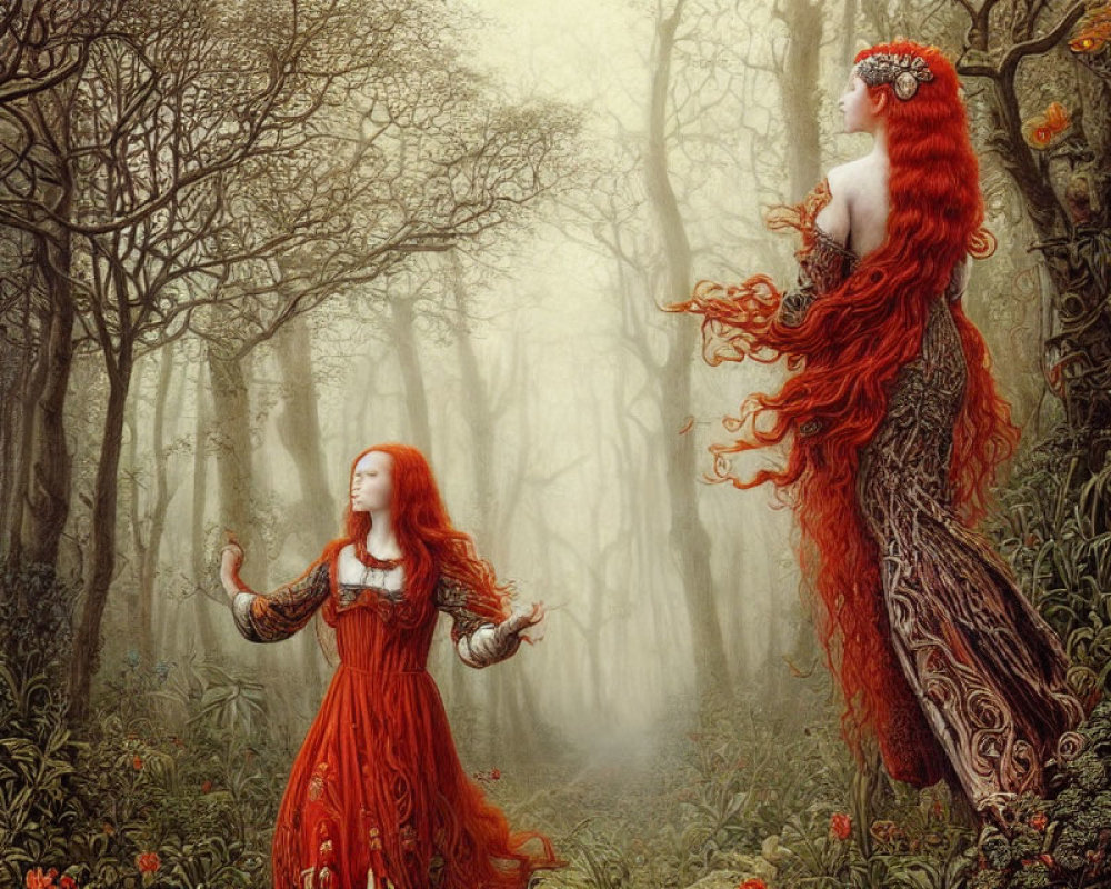 Ethereal women with vibrant red hair in misty woodland.