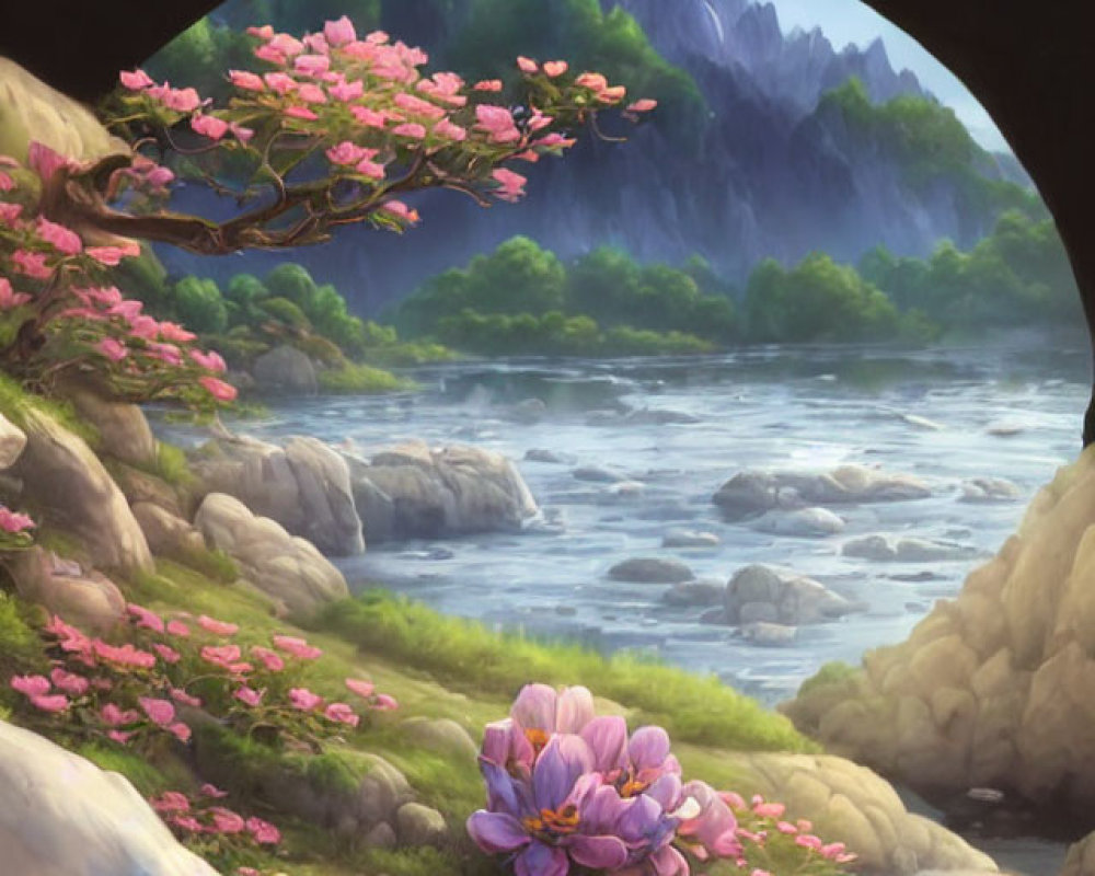 Tranquil landscape with river, rocks, greenery, and pink blossoming trees