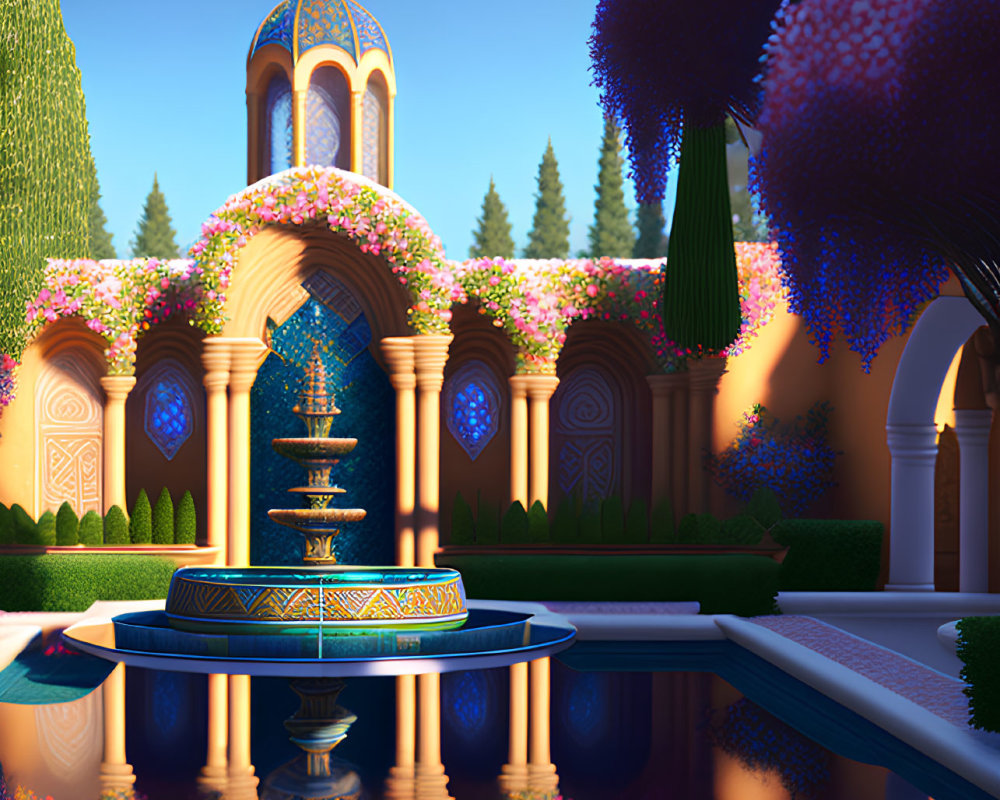 Stylized garden at dusk with water fountain and archways