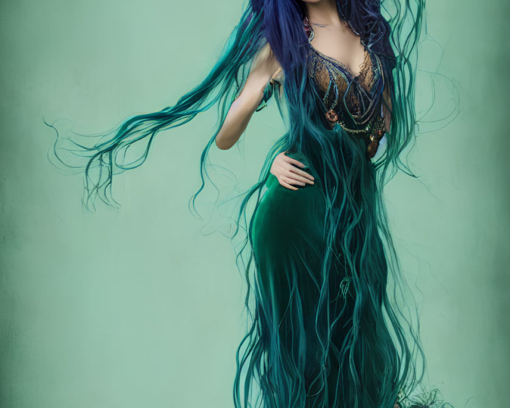 Woman with Long Blue Hair in Green Dress and Crown on Green Background with Purple Roses